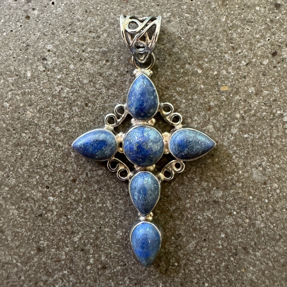 Natural Blue Lapis Sterling Silver Cross Pendant Pure Stone - Chain Included